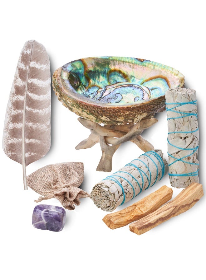 Blue River Sage Smudging & Energy Cleansing Kit with Amethyst, White Sage, Palo Santo, Abalone Shell, Stand & Guide (Regular) - Image 1